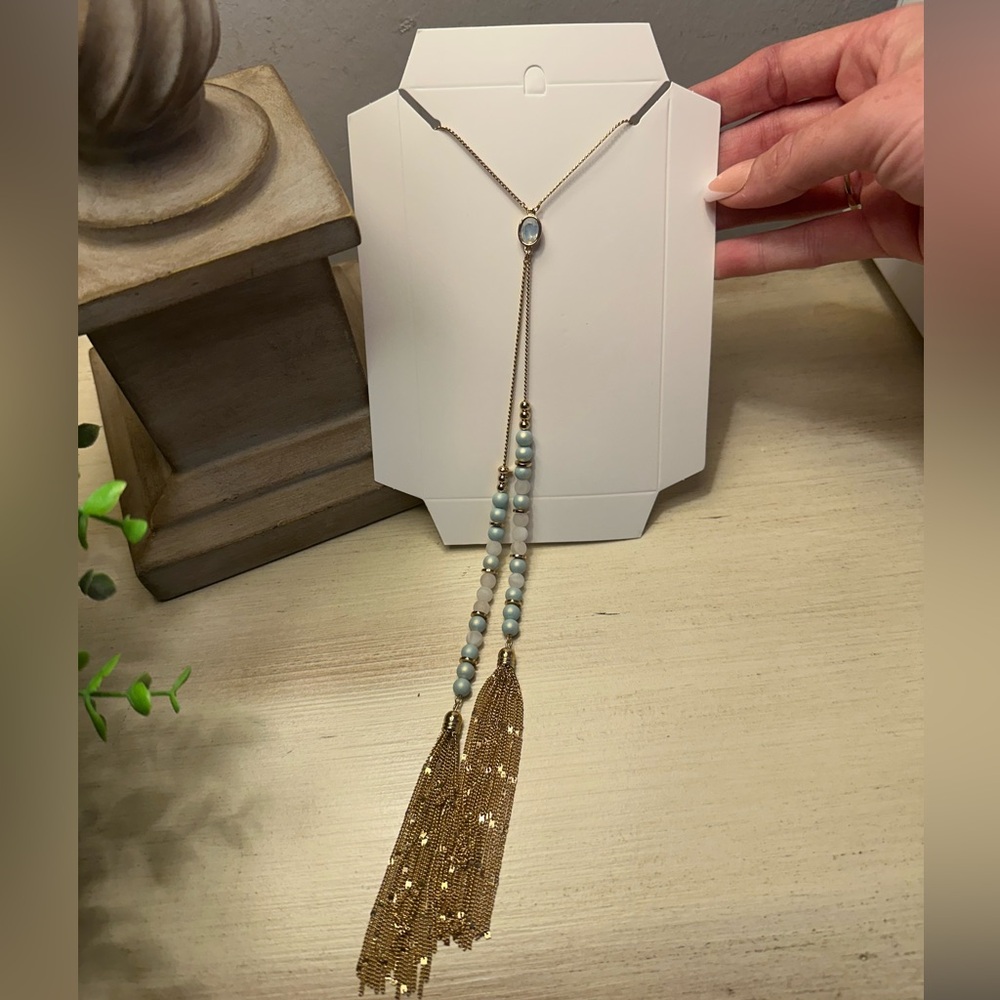 🅱️ Romolo Gold Tone Beaded Tassel Long Fashion Necklace - Picture 3 of 4